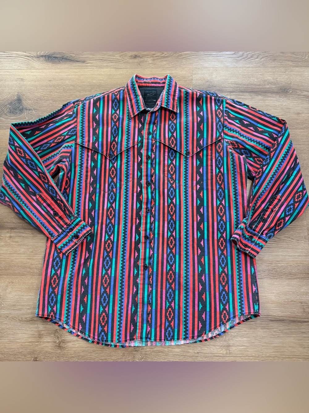 Vintage 80s Roper Cowboy Cut Aztec Southwest Stripe Cotton Western Shirt L - XL